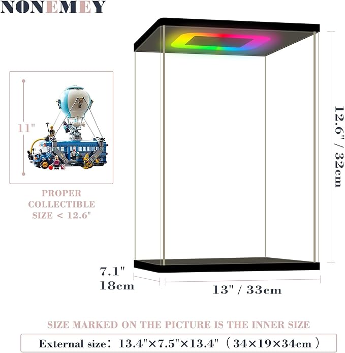 NONEMEY Clear Acrylic Display Case with RGB LED Light for Lego 77073, Dustproof Model Showcase Organizer Box, Display Case for Collectibles Bearbrick (13x7.1x12.6 inch, 33x18x32cm)
