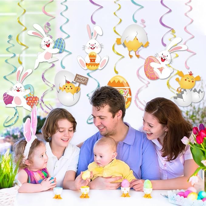 Hanging Easter Decorations Swirls 22pcs, Egg Bunny Ceiling Hanging Party Streamers, Foil Easter Party Decor Supplies for Home Office School, Dangling Spinners Party Ceiling Favor