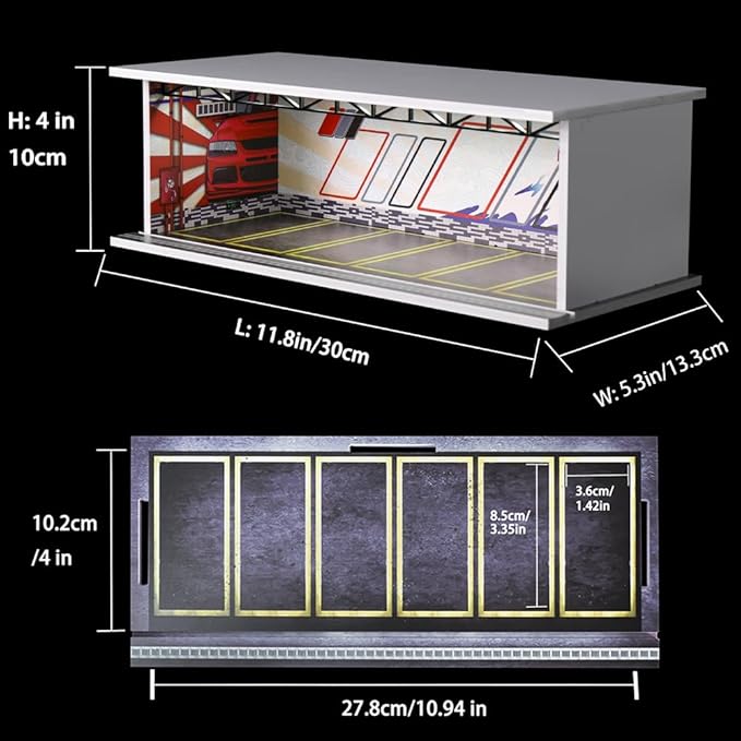 1/64 Scale Hot die-cast Wheels Model car scenarios Display case with LED Light and Acrylic Cover, Scenes Parking lot Diorama Storage Garage Box with 6 Parking Spaces (Fuji)