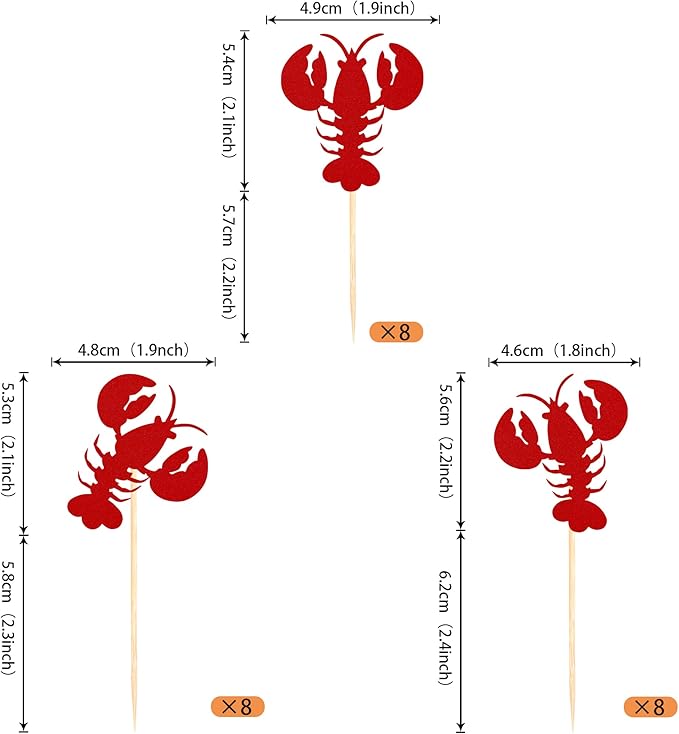 24 Pack Crawfish Cupcake Toppers Red Glitter Lobster Cupcake Food Picks Bridal Shower Bachelorette Sea Animal Theme Baby Shower Kids Birthday Party Cake Decorations Supplies Red