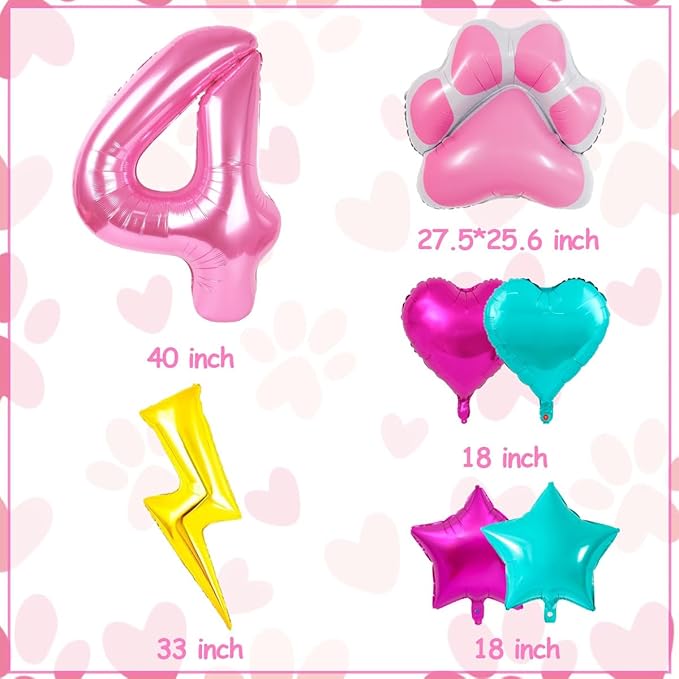 Super Cat Birthday Party Supplies, Super Cat Balloons, Pink Number 4 Balloon 40 Inch, Paw, Lightning And Heart Balloons, 4th Birthday Decorations For Girls