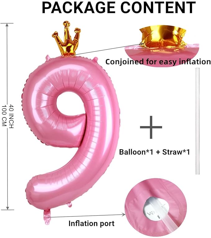 40 Inch Crown Pink Number 9 Balloon, Big Conjoined Baby Pink Foil Mylar Helium 9 Balloon for Girls 9th Birthday Party Decorations Pink Princess Theme Party Decorations Supplies Anniversary Decor
