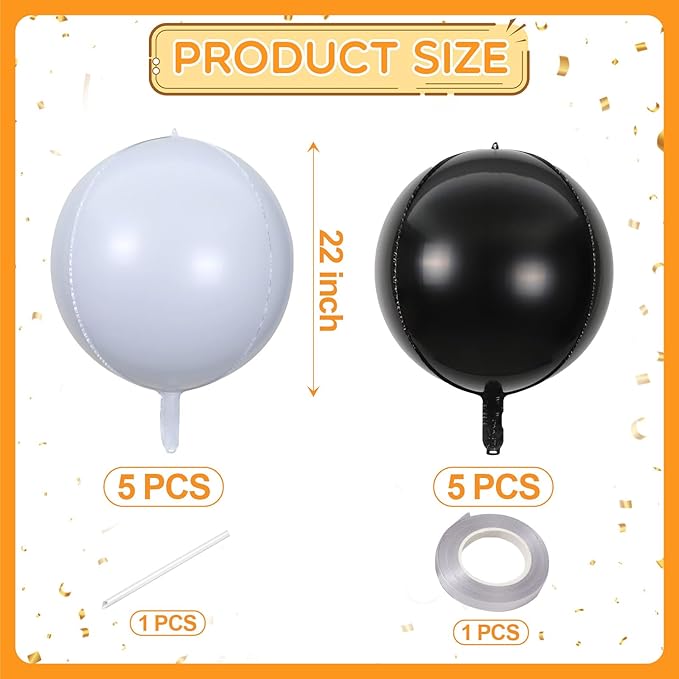 KALOR 22 Inch Black and White Foil Balloons, 10 Pcs Large 4D Giant Round Metallic Foil Balloon for Birthday Party Baby Shower Graduation Party Decorations