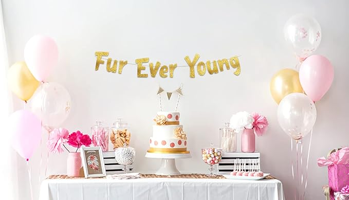 Pre-Strung Furever Young Gold Glitter Banner - Funny Birthday Decorations for Men and Women - Party Supplies and Gifts