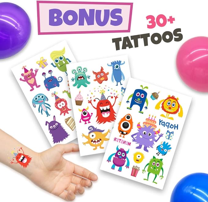 Monster Party Supplies, Monster Birthday Decorations - Monster balloons, paper plates, napkins, cups, cupcake & cake toppers, birthday banner, tattoos