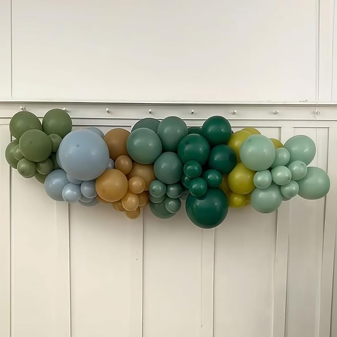 Blue Green Brown Balloons, 12 Inch Sage Pastel Green Balloon Dusty Blue Balloon for Dinosaur Woodland, Jungle Theme Birthday, Dino Baby Shower Decorations
