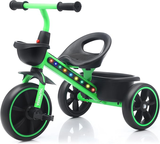Kids Tricycle with Colorful LED Lights for Toddlers 1-3 Years, Stable 3-Wheel Design & Storage Basket for Fun Indoor Outdoor Ride, Gift for Baby Boy Girl