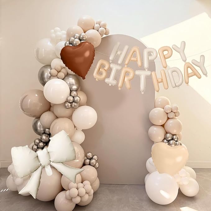 29PC Heart Bow Cream Happy Birthday Balloon Banner, 16Inch 3D Aluminum Letter Banner Sign, Apricot Brown Sand White Gold Confetti Balloons 18 Inch Apricot Foil Balloons for Bow Decorations