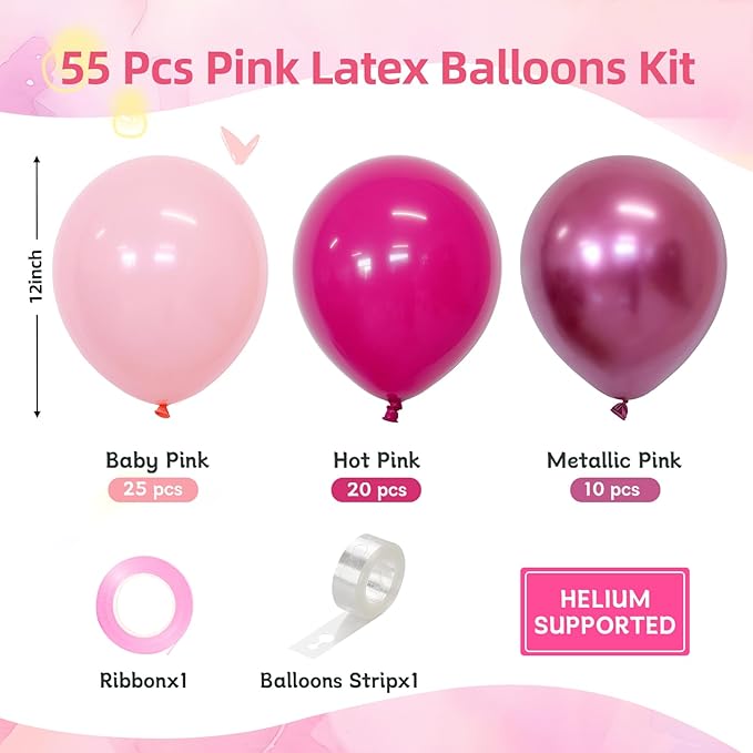 CVPARTON Pink Balloons Set, 55 PCS Metallic Pink Balloons, Baby Pink, Hot Pink 12 Inch Latex Balloon for Girls Women Birthday Party, Bridal Shower, Baby Shower, Wedding, Princess Party Decoration