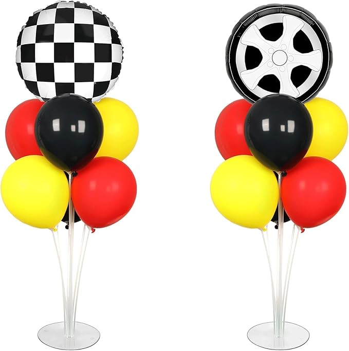 Race Car Party Balloons Stand Kit 2 Sets With 2 Checkered Foil Balloon Racing car Party Balloon Red Black Yellow Race Car Birthday Party Decor Set For Boys Let's go Racing New Year Party Decorations