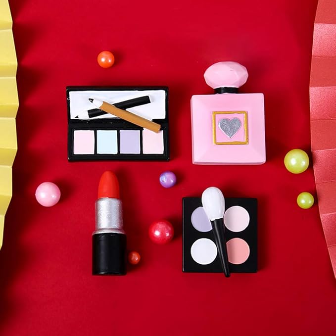 MEMOVAN Makeup Cake Topper 4 Pack, Resin Cosmetics Lipstick Perfume Bottle Eye Shadow Blush Make up Cake Decorations for Bridal Shower Bachelorette Girl Women Spa Salon Themed Birthday Party Supplies