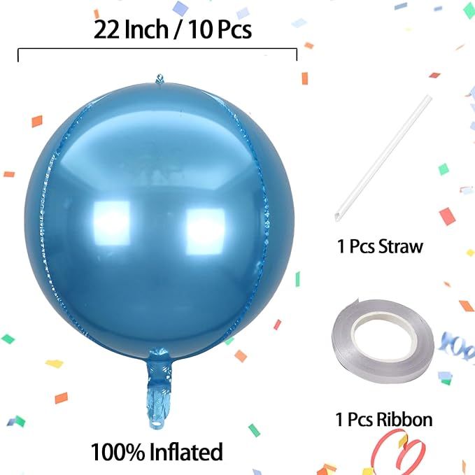 KALOR 10 Pcs 22 Inch Light Blue Mylar Balloons, Large 4D Giant Round Foil Balloon Big Mirror Metallic Balloons for Birthday Party Baby Shower Gender Reveal Supplies