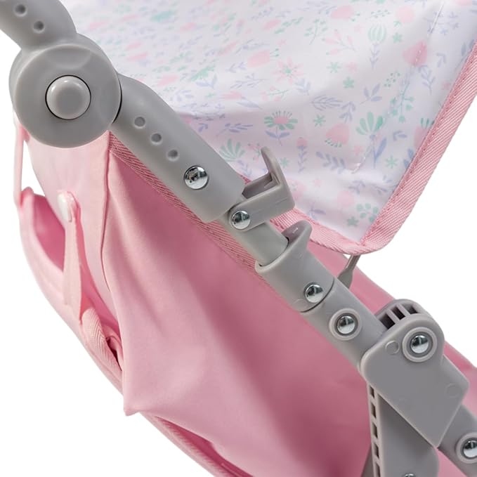 JC Toys - Berenguer Boutique | Fashionable Stroller with Canopy and Storage | Simple Folding |Pink Floral Collection | for Dolls up to 18" | Ages 3+