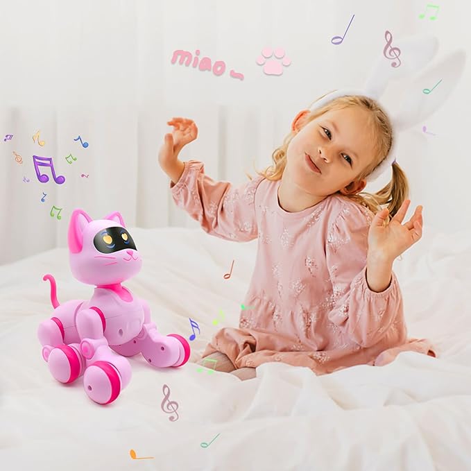 Remote Control Robot Cat Toy - RC Robotic Cat for Kids, Interactive Programmable Smart Robot Pet with Light, Sound, Touch Sensing, LED Eyes, Dance & Music, Gift for Kids 3+