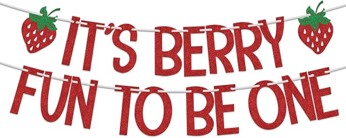 It's Berry Fun to be One Banner, Strawberry 1st Birthday Decorations, Berry Sweet Baby Shower Decoration, First Baby Girls One Year Old Birthday Party Supplies Red Green