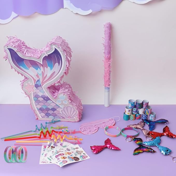 Mermaid Pinata Set Birthday Party Favors for Girl Kids Birthday Themed Party Supplies with Tail Pinata Stickers Slap Bracelet Keychain Silicone Bands and Straws 44 Pack