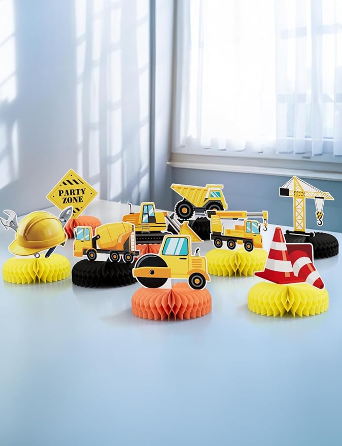 9Pcs Construction Party Decorations, Construction Honeycomb Centerpieces Vehicles Table Decorations Trucks Cars Centerpieces 3D Honeycomb Decoration for Truck Theme Birthday Party Supplies