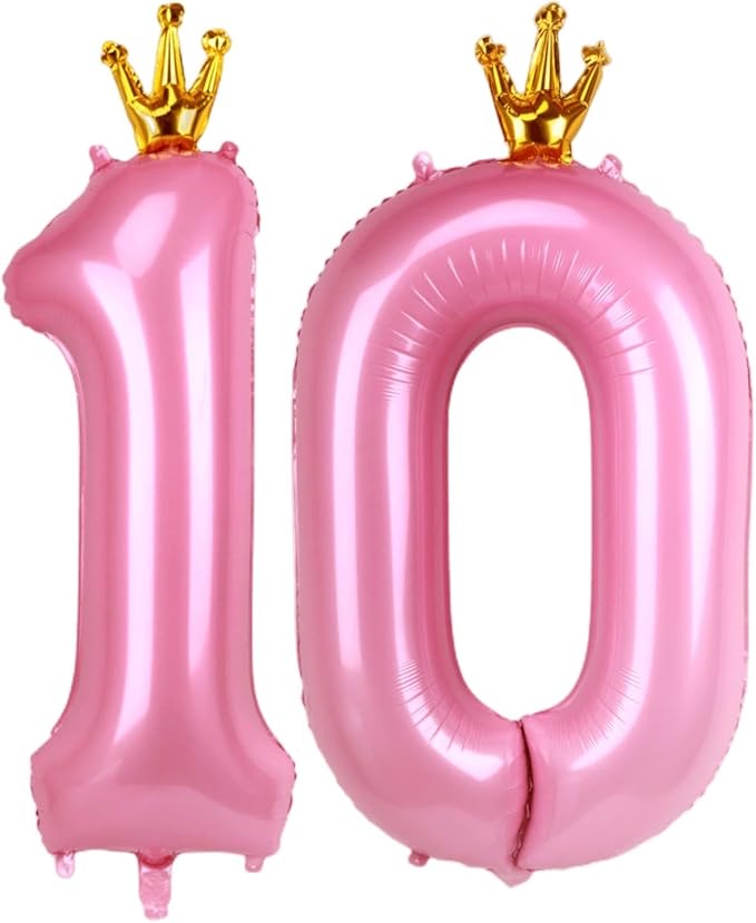 Giant Pink Number 10 Balloon with Crown, 40inch Big Baby Pink Foil Mylar Helium Number Ten Balloon for Girls 10th Birthday Decorations Pink Princess Theme Party Supplies Favors Anniversary Decor