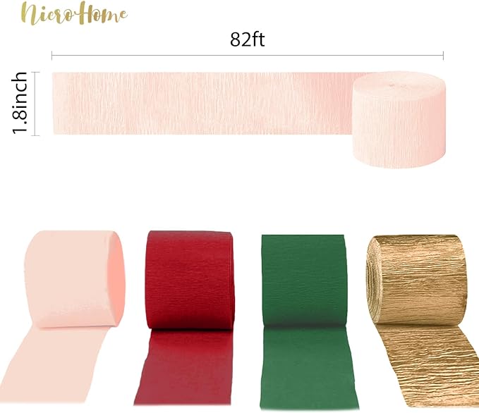 NICROHOME EUR Christmas Decorations, 8 Rolls Christmas Green Red Gold Crepe Paper Streamers for Xmas Birthday Party Wedding Baby Shower Party Decorations, 1.8 Inch x 82 Ft/Roll