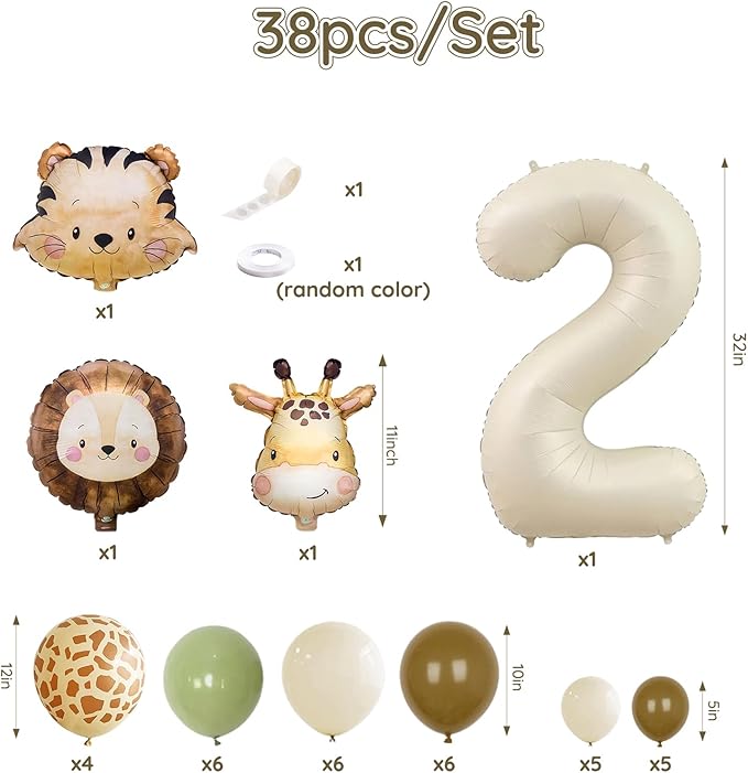 Jungle Safari Birthday Balloons, Animal Balloons Birthday Party Supplies for Safari Birthday Wedding Shower Party Decorations (Cream, Number 2)