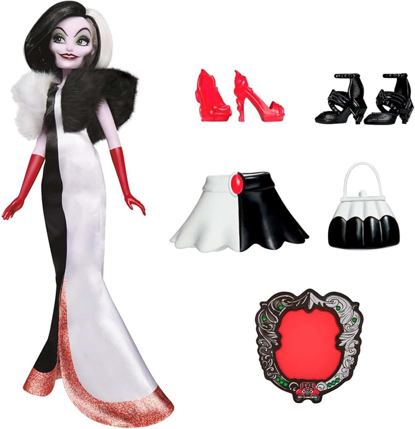 Disney Princess Villains Cruella De Vil Fashion Doll, Accessories and Removable Clothes, Disney Villains Toy for Kids 5 Years Old and Up