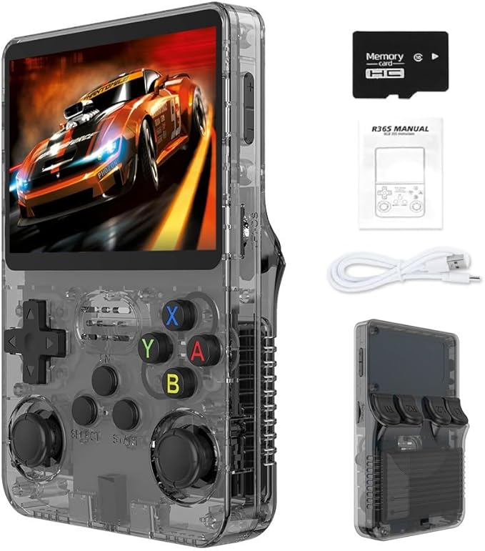 R36S Retro Handheld Gaming Console, 3.5 Inch IPS Screen, 22000+ Games Pre-Loaded, 128GB Storage, 26 Emulators, 3500mAh Battery, Linux System (Black Transparent, 128 GB)