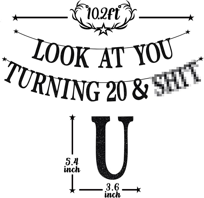 Black Glitter Look at You Turning 20 & Sh*t Banner, Happy 20th Birthday/Level 20 Unlocked/Cheers to 20 Years, Funny 20th Birthday Party Decorations Supplies