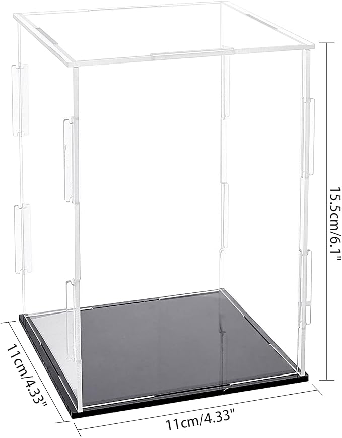FINGERINSPIRE Acrylic Box with Black Stand and Rubber Band, 4x4x6 inch Cube Clear Acrylic Display Cases for Collectibles, Self-Assembly Dustproof Countertop Box for Toys and Collections