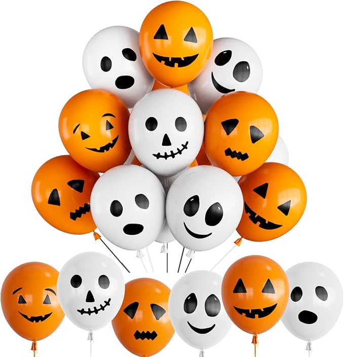 Halloween Balloons - 60Pcs Ghost Balloons Scary Pumpkin Balloon 12 Inches Orange and White Latex Balloon 6 Styles for Halloween Birthday Spooky Theme Party Decorations