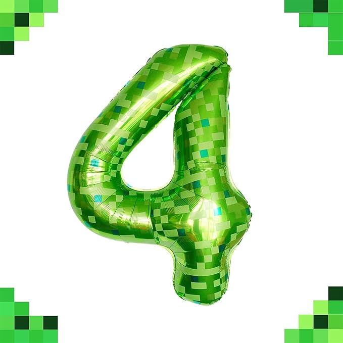 40 Inch Green Pixel Miner Number 4 Foil Balloons Large Mylar Mining Theme 4th Number Balloon for Boys Girls Video Game Birthday Decorations Pixel Game Party Supplies