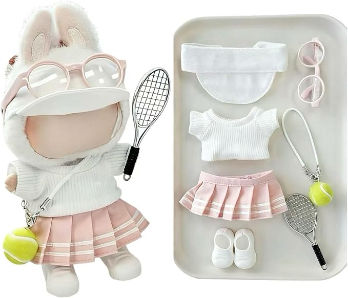 17cm Doll Clothes for Lububu Dolls, 7-Piece Sports Outfits - Top, Pants, Skirt Dress, Golf Hat, Sunglasses, Shoes, Tennis Racket, Ball Charm Luxury Stylish Gym/Tennis Doll Accessories，No Logo(PINK2)