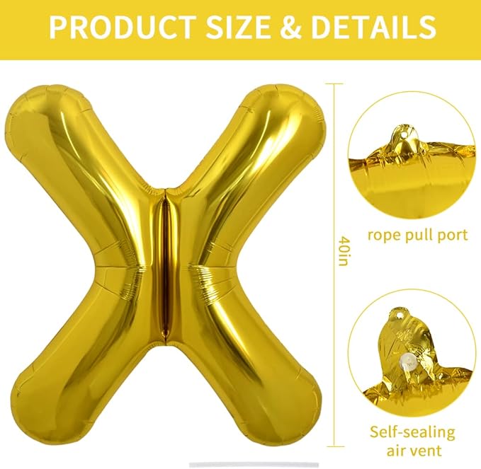 TONIFUL 40 Inch Large Gold Letter X Balloons - Helium Filled Foil Mylar Big Balloons for Birthday Party & Anniversary Decorations