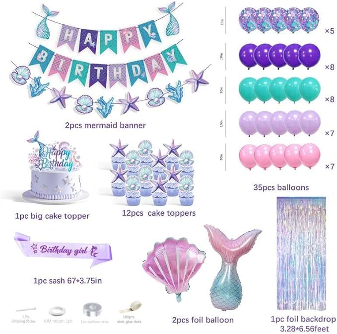 Mermaid Birthday Decorations for Girls,Fringe Curtains Happy Birthday Banner,Red balloons,Cake Toppers for women