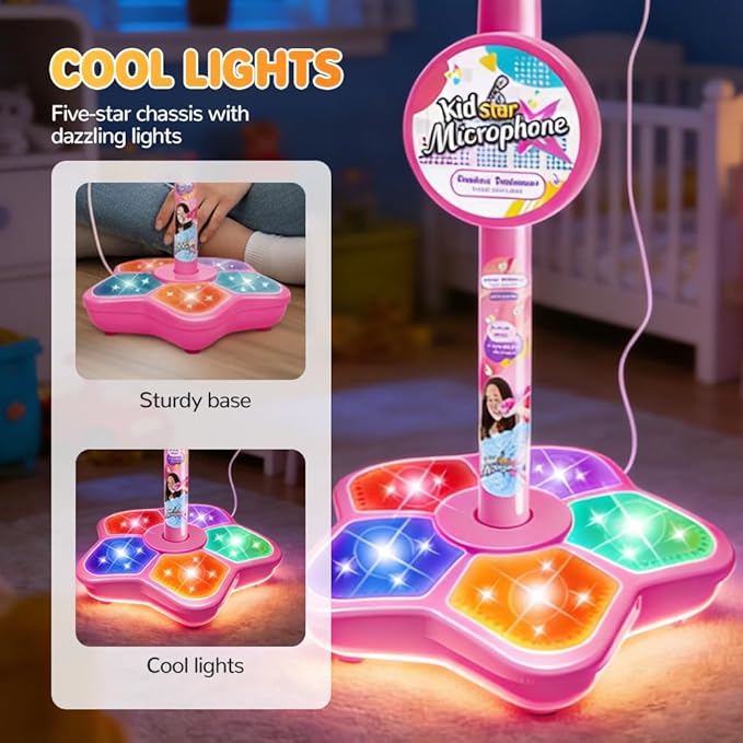 Kids Star Microphone with Stand, All-in-One Portable Karaoke Machine, Colorful Lights & Echo Effects, Easy-to-Use Singing Toy for Birthday Parties & Music Play (Black)