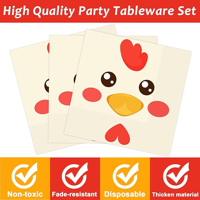 gisgfim 96 Pcs Chicken Birthday Party Supplies Paper Plates Napkins Chicken Themed Party Birthday Decorations Favors for Kids Serves 24