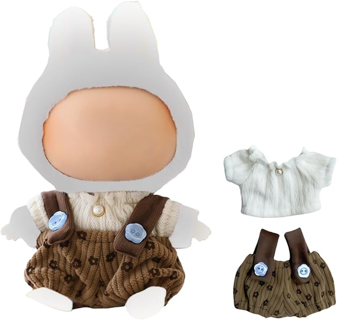 Clothes for Lu bubu 17cm Dolls Accessories(No Doll), Cute Outfit Set 2 Pieces Bib Pants for 17cm Doll Suit, Stylish Dress Up Overalls Doll Clothing Set Replacement Brown