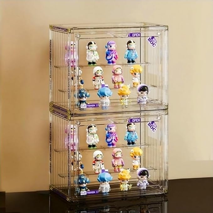 Clear Display Case for Figures, Acrylic Display Case for Collectibles, Adjustable Figure Display Case with Magnetic Door, Stackable Display Box for Action Figures, Pop Mart, Funko Pop (Clear, 2 Pack)