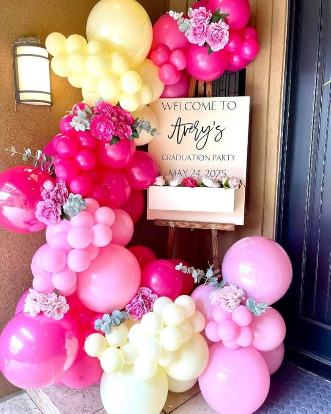 Pink and Yellow Balloons Garland Arch Kit 150Pcs - 5 10 12 18 inch Different Size Hot Pink Yellow Pastel Pink Balloons for Birthday Baby Shower Wedding Bee Bear Themed Party Decorations