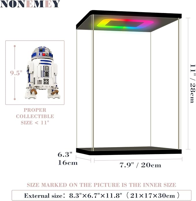 NONEMEY Clear Acrylic Display Case with RGB LED Light for Lego 75308, Dustproof Model Showcase Organizer Box, Display Case for Collectibles Bearbrick (7.9x6.3x11 inch, 20x16x28cm)