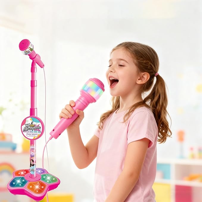 Kids Microphone with Stand,Microphone for Kids,Musical Toys All-in-One Microphones Toy for Girls with Stand, Got Built-in Music, Colorful Lights, Echo Effects (Black)