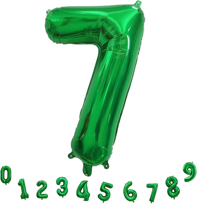 Number 7 Balloon for Boys, Giant Dark Green Self Inflating Number 0-9 Set for Girls, 40 Inch Foil Helium Balloons for 7th Birtyday Party Decoration Jungle Anniversary Celebration Women Men Supplies