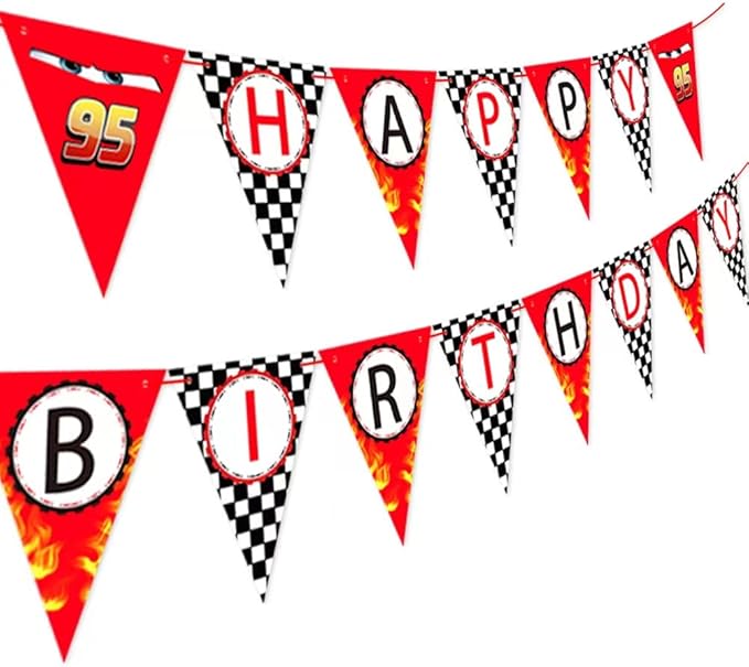 Race Car Happy Birthday Banner - Racing Themed Party Sign, Checkered Flag Decorations