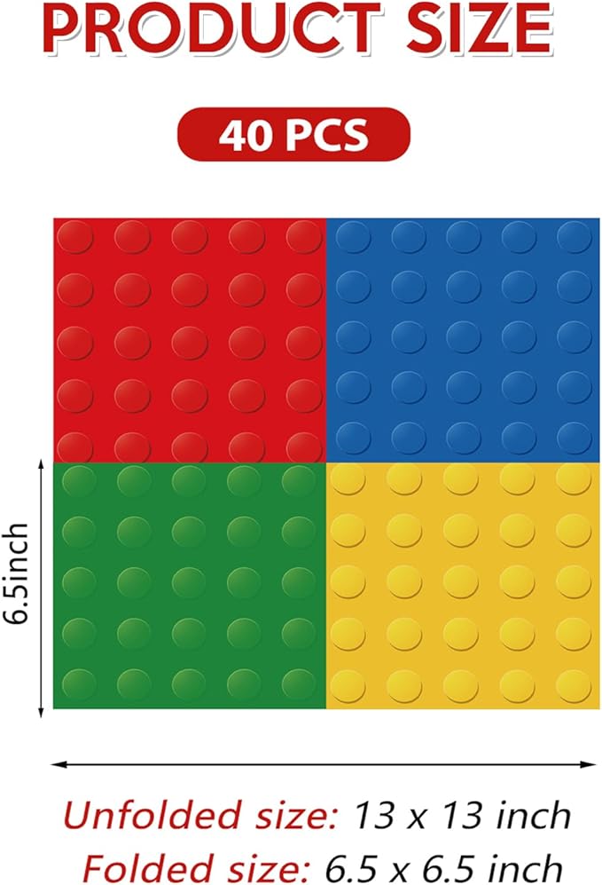 40pcs Colorful Building Block Themed Paper Napkins - 2-Ply 6.5x6.5 Inches Disposable Birthday Party Supplies & Festive Table Decorations