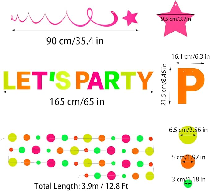 Neon Party Supplies Includes Let's Party Banner, Round Dot Paper Garland, Neon Swirl Streamers,Glow in The Dark Party Supplies Decorations UV Blacklight Reactive Favor for Halloween Wedding Birthday