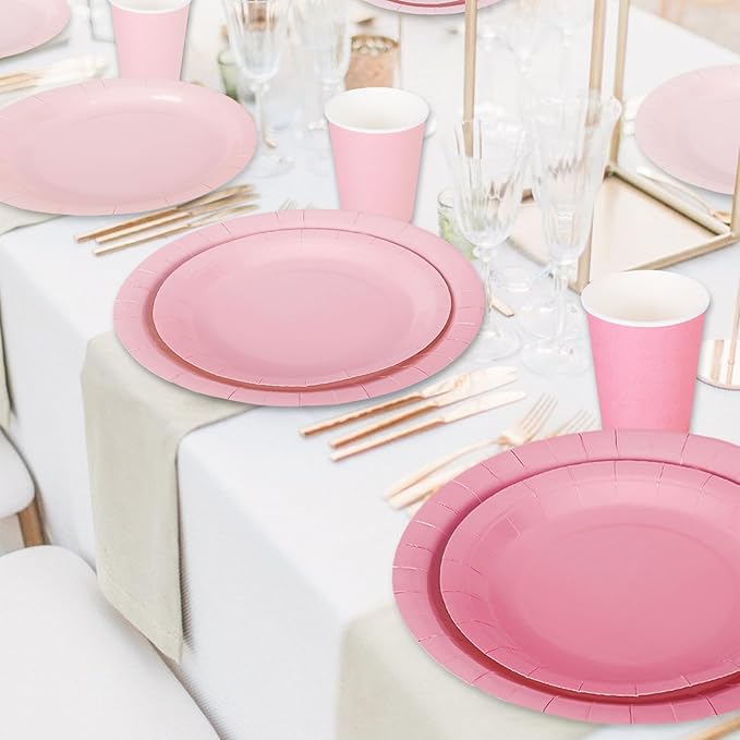 Whaline 244Pcs Pink Tableware Set Serves 48 Gradient Pink Disposable Dinnerware 48 9" Plates 48 7" Plate 48 9oz Cups 100 Napkins for Wedding Birthday Party Supplies