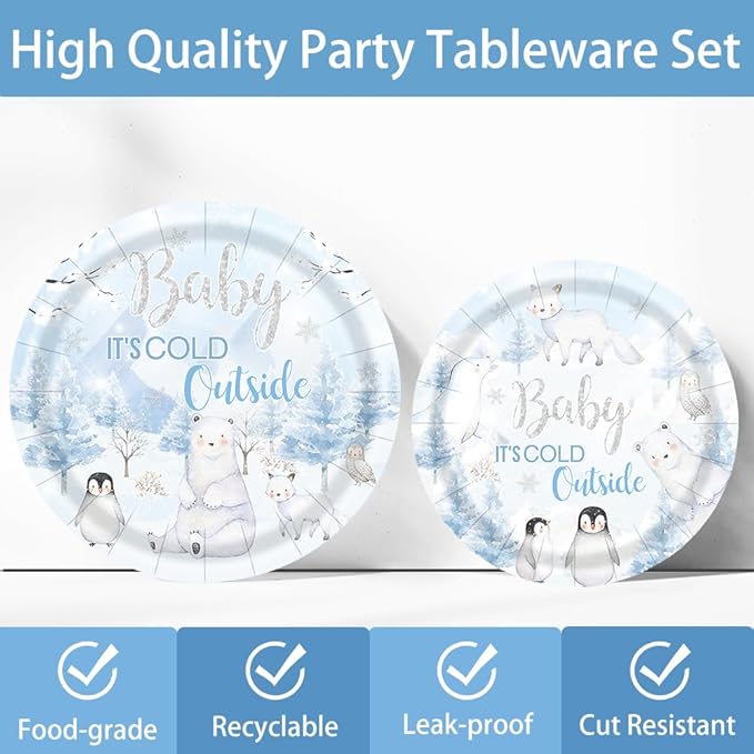 120pcs Winter Woodland Baby Shower Decorations Arctic Animals Plates Napkins Baby It's Cold Outside Cup Snowflake Penguin Arctic Fox Tableware Set Disposable Forks for 24 Guests