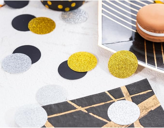 Gold Black and Silver Paper Confetti Table Decoration for Birthday Graduation Retirement New Year Theme Party,1.2 inch in Diameter,200 Counts