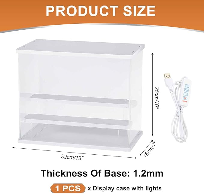 MECCANIXITY Clear Display Case, 3 Layer Acrylic Figure Display Case Clear Display Boxes for Collectibles, Figures Model Toys Home Storage(with Square LED Light, 13x7x10 Inch White Base)