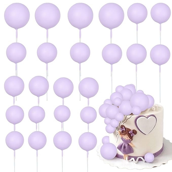 Gyufise 30Pcs Balls Cake Toppers Ball Cake Picks Foam Ball Shaped Cupcake Toppers Mini Balloons Baby Shower Cake Decorations for Wedding Enaggement Bridal Shower Birthday Party Supplies Light Purple