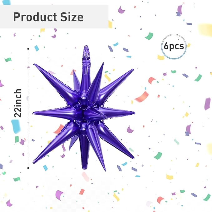 6 Pcs Purple Star Foil Balloons One-Piece 14-Pointed Star Balloon 4D Starburst Cone Mylar Balloon 22inch Christmas Birthday Wedding Wedding Anniversary Party Supplies(Purple)